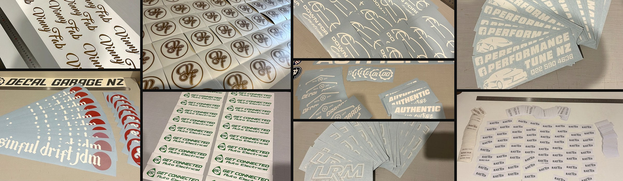 Bulk decal quote examples showing custom sticker runs, car club decals, business logo stickers and event decals made by Decal Garage NZ.